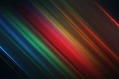 Mavi, yeşil, kırmızı ve turuncu gibi çeşitli renklerde köşegen ışık çizgileri olan enerjik bir soyut kompozisyon, dinamik bir görsel akış yaratır..