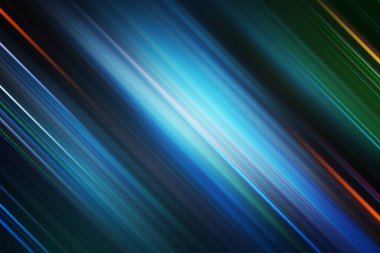 Dinamik soyut bir görüntü bulanık köşegen çizgileri mavi, beyaz ve ince turuncu ve yeşil renkler, derin, dokulu bir karanlığa karşı hızlı hareket ve ileri teknoloji önerir..