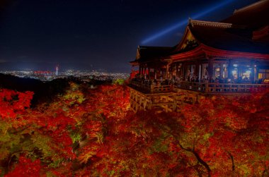 Kyoto 'nun gece manzarası dağın tepesindeki tapınaktan, sonbahar renkleri.