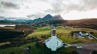 Aireal view of Borge church. Lofoten islands, Norway clipart