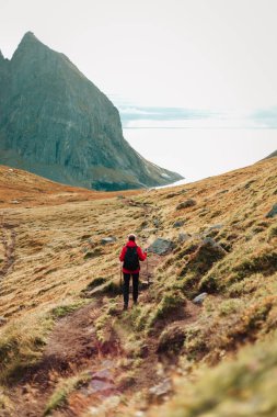 Kırmızı ceketli ve sopalı bir kız gezgin Kvalvika plajına gider. Lofoten Adaları, Norveç