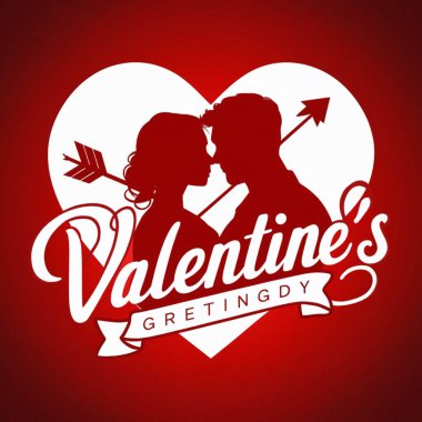 A stylized Valentine's Day graphic featuring silhouettes of a kissing couple within a white heart shape on a red background. clipart