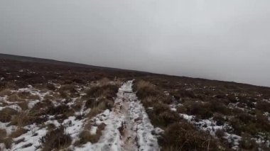 Kışın İskoçya 'da tepe yürüyüşü. Glen Vale İskoçya 'nın göbeğinde, Doğu ve Batı Lomond tepeleri arasında. Kışın buz ve kar. Ağaçlar ve çalılar buzla kaplı. Dağlar ve Glenler.