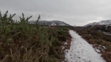 Kışın İskoçya 'da tepe yürüyüşü. Glen Vale İskoçya 'nın göbeğinde, Doğu ve Batı Lomond tepeleri arasında. Kışın buz ve kar. Ağaçlar ve çalılar buzla kaplı. Dağlar ve Glenler.