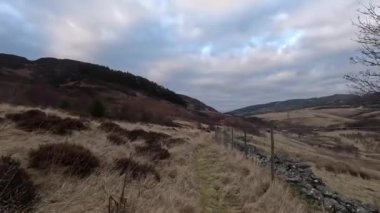 İskoçya İskoçya 'da tepe yürüyüşü. Aberfeldy, Perthshire yakınlarındaki Dun Coillich tepesinde. Schihallian adı verilen ünlü Munro dağının yakınında sık sık uzaklarda belirir. Sonbahar renkleri ve kahverengi fundalık arazide büyüyor..