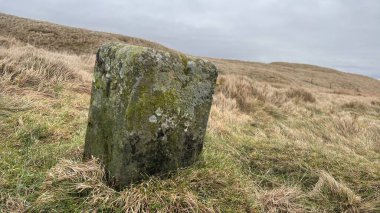 İskoçya 'nın dağlık arazilerindeki antik İskoç taş yol işareti. Otlaklar 