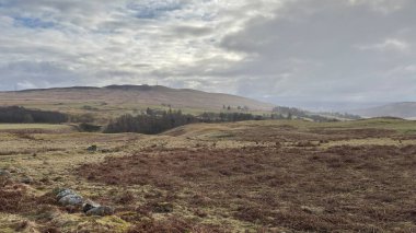 İskoç dağları kışın karla kaplı. İskoçya 'da açık havada yuvarlanan tepeler. Güzel kırsal kesimde vahşi doğa manzarası