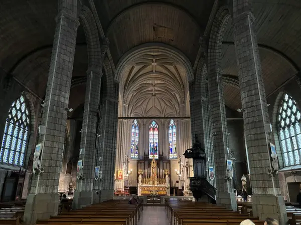 Büyük Katedral İçi taştan yapılmış tavan ve dini süslemeler, lekeli cam pencereler gösteriyor. Yüksek duvarlar ve büyük dekorasyon. Nantes, Fransa