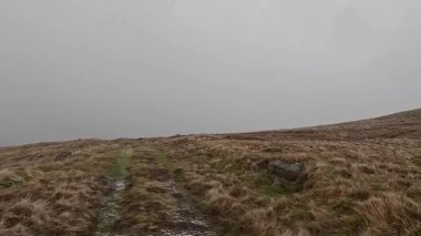 İskoçya 'nın Crieff yakınlarındaki Meall Tarsuinn dağında yürüyüş. Doğada tepe yürüyüşü, ilkbaharda açık hava, kar ve fundalık. Yuvarlanan dağlar