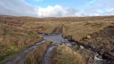 İskoçya 'nın Crieff yakınlarındaki Meall Tarsuinn dağında yürüyüş. Doğada tepe yürüyüşü, ilkbaharda açık hava, kar ve fundalık. Yuvarlanan dağlar
