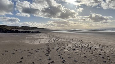İskoçya 'da Edinburgh yakınlarındaki Aberlady Plajı. Açık bir bahar gününde rüzgârlı bir sahil. Hafif bulutlar, altın kum, silip süpüren sahil ve deniz kıyıları