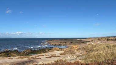 İskoçya 'da Edinburgh yakınlarındaki Aberlady Plajı. Açık bir bahar gününde rüzgârlı bir sahil. Hafif bulutlar, altın kum, silip süpüren sahil ve deniz kıyıları