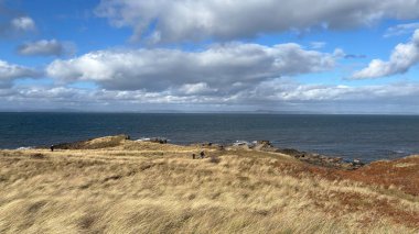 İskoçya 'da Edinburgh yakınlarındaki Aberlady Plajı. Açık bir bahar gününde rüzgârlı bir sahil. Hafif bulutlar, altın kum, silip süpüren sahil ve deniz kıyıları