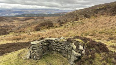 Glen Kulesi 'nde İskoç orman tavuğu vuruyor. İskoçya 'nın dağlık arazi manzarası tipik fundalık ve otlaklarla kaplı.