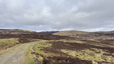 Glen Tarret, İskoçya 'nın dağlık arazi manzarası tipik fundaları ve otlaklarıyla İskoçya' nın Highlands boyunca