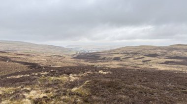 İskoç kırlarını ve tepelerini süpürdü. Perthshire sıradağları. Cnoc Beithe tepesi. Otlaklar, koyunlar ve akan su. Dağlık nehir bulutlu vahşi yerleri yakıyor.
