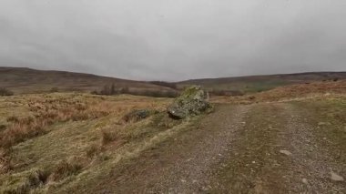 İskoç kırlarını ve tepelerini süpürdü. Perthshire sıradağları. Cnoc Beithe tepesi. Otlaklar, koyunlar ve akan su. Dağlık nehir bulutlu vahşi yerleri yakıyor.