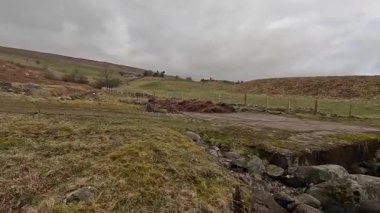 İskoç kırlarını ve tepelerini süpürdü. Perthshire sıradağları. Cnoc Beithe tepesi. Otlaklar, koyunlar ve akan su. Dağlık nehir bulutlu vahşi yerleri yakıyor.