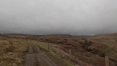İskoç kırlarını ve tepelerini süpürdü. Perthshire sıradağları. Cnoc Beithe tepesi. Otlaklar, koyunlar ve akan su. Dağlık nehir bulutlu vahşi yerleri yakıyor.