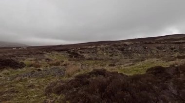 İskoç kırlarını ve tepelerini süpürdü. Perthshire sıradağları. Cnoc Beithe tepesi. Otlaklar, koyunlar ve akan su. Dağlık nehir bulutlu vahşi yerleri yakıyor.