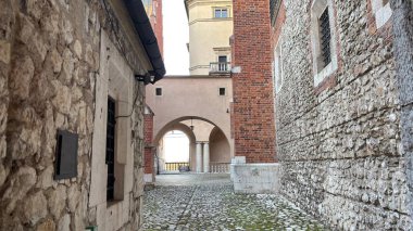 Wawel Kraliyet Kalesi. Pazar Meydanı Eski Belediye Binası. Polonya 'nın Krakow kentinin şehir manzarası. Polonya, ünlü sokak binaları yerleştirdi