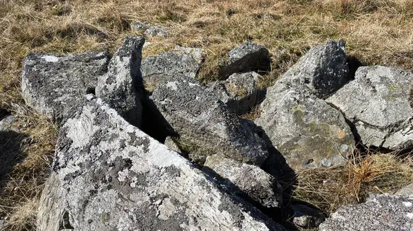 Perthshire 'da İskoç dağları yamacındaki antik granit taşlar açık tepeler manzara dağları güzel İskoçya açıklarında yürüyorlar parlak yaz Munro