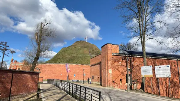 Krakw 'daki ünlü savaş anıtı Kociuszko Tepesi turizm merkezi. Polonya 'nın Krakow kentinin şehir manzarası. Polonya, ünlü sokak binaları yerleştirdi