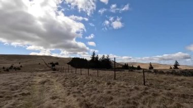 Glen Devon 'da Perthshire' daki Loch Tarret Barajı 'nın yanında yürüyorum. İskoç kırları ve tepeleri. Dağ sırası. Otlaklar, koyunlar ve akan su. İskoçya İskoç nehri aydınlık güneşli bir günde vahşi yerleri yakar.