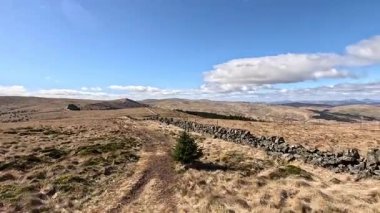 Glen Devon 'da Perthshire' daki Loch Tarret Barajı 'nın yanında yürüyorum. İskoç kırları ve tepeleri. Dağ sırası. Otlaklar, koyunlar ve akan su. İskoçya İskoç nehri aydınlık güneşli bir günde vahşi yerleri yakar.