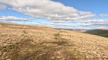 Glen Devon 'da Perthshire' daki Loch Tarret Barajı 'nın yanında yürüyorum. İskoç kırları ve tepeleri. Dağ sırası. Otlaklar, koyunlar ve akan su. İskoçya İskoç nehri aydınlık güneşli bir günde vahşi yerleri yakar.