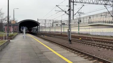 Poznan istasyonunda modern Polonyalı yolcu treni. Polonya 'nın Pozna kentinin şehir manzarası. Demiryolu ile toplu taşıma. Lokomotif ve koçlar. Banliyö treni