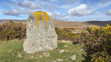 Fowlis Wester Taş Çemberi. Eski Pict Ortaçağ anıtı. Perthshire dağlarında İskoç yamaç yürüyüşü. Geniş açık İskoçya vahşi doğası yuvarlanan tepeleri açıyor. Uzun mesafe yürüyüşü macerası.