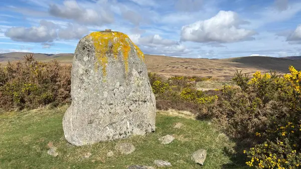 Fowlis Wester Taş Çemberi. Eski Pict Ortaçağ anıtı. Perthshire dağlarında İskoç yamaç yürüyüşü. Geniş açık İskoçya vahşi doğası yuvarlanan tepeleri açıyor. Uzun mesafe yürüyüşü macerası.