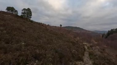 Perthshire dağlarında İskoç yamaç yürüyüşü. Geniş açık İskoçya vahşi doğası yuvarlanan tepeleri açıyor. Uzun mesafe macera yürüyüşü Dun Coillich