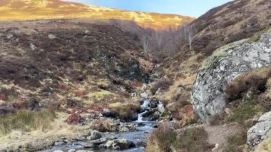 Perthshire dağlarında İskoç yamaç yürüyüşü. Geniş açık İskoçya vahşi doğası yuvarlanan tepeleri açıyor. Uzun mesafe macera yürüyüşü. Kış gölü ve Glen.