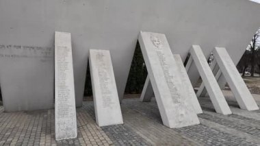 Yahudi Anıtı. Riga, Letonya 'nın başkentindeki şehir manzarası soğuk kış aylarında. Kar ve buz. Şehir binaları ve evler. 