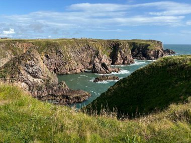 Güzel İskoç engebeli kıyı şeridi Kuzey Denizi yamacı yaz güneşinin altında