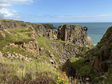 Güzel İskoç engebeli kıyı şeridi Kuzey Denizi yamacı yaz güneşinin altında