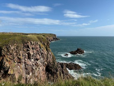 Güzel İskoç engebeli kıyı şeridi Kuzey Denizi yamacı yaz güneşinin altında