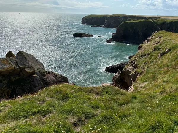Güzel İskoç engebeli kıyı şeridi Kuzey Denizi yamacı yaz güneşinin altında