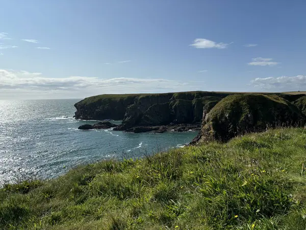 Güzel İskoç engebeli kıyı şeridi Kuzey Denizi yamacı yaz güneşinin altında