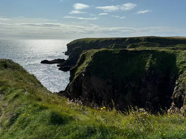 Güzel İskoç engebeli kıyı şeridi Kuzey Denizi yamacı yaz güneşinin altında
