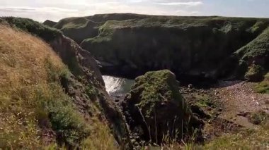 Buchan Bullers uçurumun kenarında yürüyor. Güzel İskoç engebeli kıyı şeridi Kuzey Denizi yamacı yaz güneşinin altında