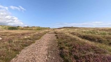 Buchan Bullers uçurumun kenarında yürüyor. Güzel İskoç engebeli kıyı şeridi Kuzey Denizi yamacı yaz güneşinin altında