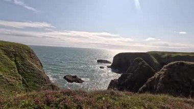 Buchan Bullers uçurumun kenarında yürüyor. Güzel İskoç engebeli kıyı şeridi Kuzey Denizi yamacı yaz güneşinin altında