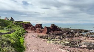 Güzel İskoç engebeli kıyı şeridi Kuzey Denizi yamacı yaz güneşinin altında
