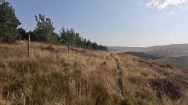 Lammermuir 'lerde Spartleton Tepesi' nde yürümek Gamelshiel Kalesi 'nin kalıntılarını ve rüzgar türbinlerini geçmek, Doğu Lothian ve İskoç sınırlarını panoramik açıdan görmek.