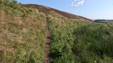 Lammermuir 'lerde Spartleton Tepesi' nde yürümek Gamelshiel Kalesi 'nin kalıntılarını ve rüzgar türbinlerini geçmek, Doğu Lothian ve İskoç sınırlarını panoramik açıdan görmek.