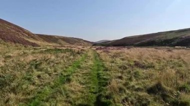 Lammermuir 'lerde Spartleton Tepesi' nde yürümek Gamelshiel Kalesi 'nin kalıntılarını ve rüzgar türbinlerini geçmek, Doğu Lothian ve İskoç sınırlarını panoramik açıdan görmek.