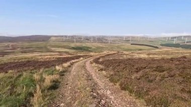 Lammermuir 'lerde Spartleton Tepesi' nde yürümek Gamelshiel Kalesi 'nin kalıntılarını ve rüzgar türbinlerini geçmek, Doğu Lothian ve İskoç sınırlarını panoramik açıdan görmek.